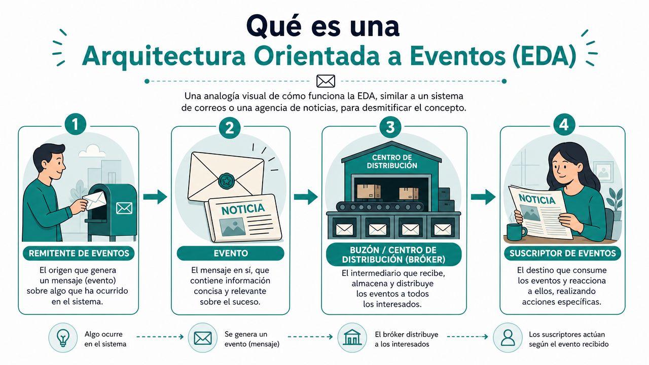 Infografía que explica el funcionamiento de una arquitectura orientada a eventos mediante una analogía de mensajería.