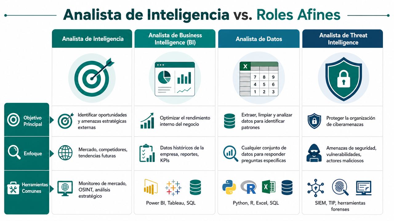 Tabla comparativa de las funciones y herramientas del analista de inteligencia frente a roles de datos relacionados.