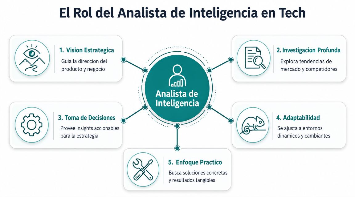 Un diagrama que detalla las funciones principales de un analista de inteligencia en el sector tecnológico.