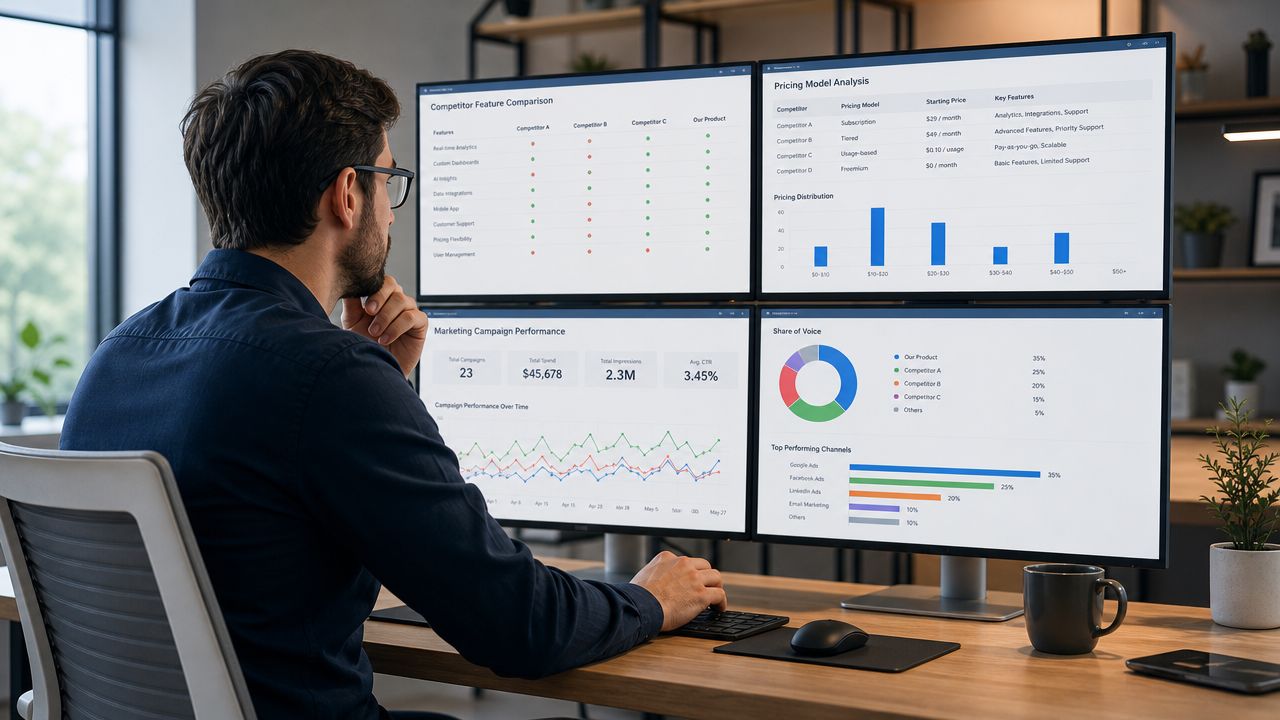 Un hombre sentado frente a varios monitores de computadora analizando datos complejos y gráficos de rendimiento empresarial.