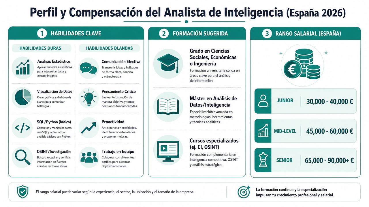 Infografía sobre el perfil, habilidades, formación necesaria y rangos salariales para analistas de inteligencia en España 2026.