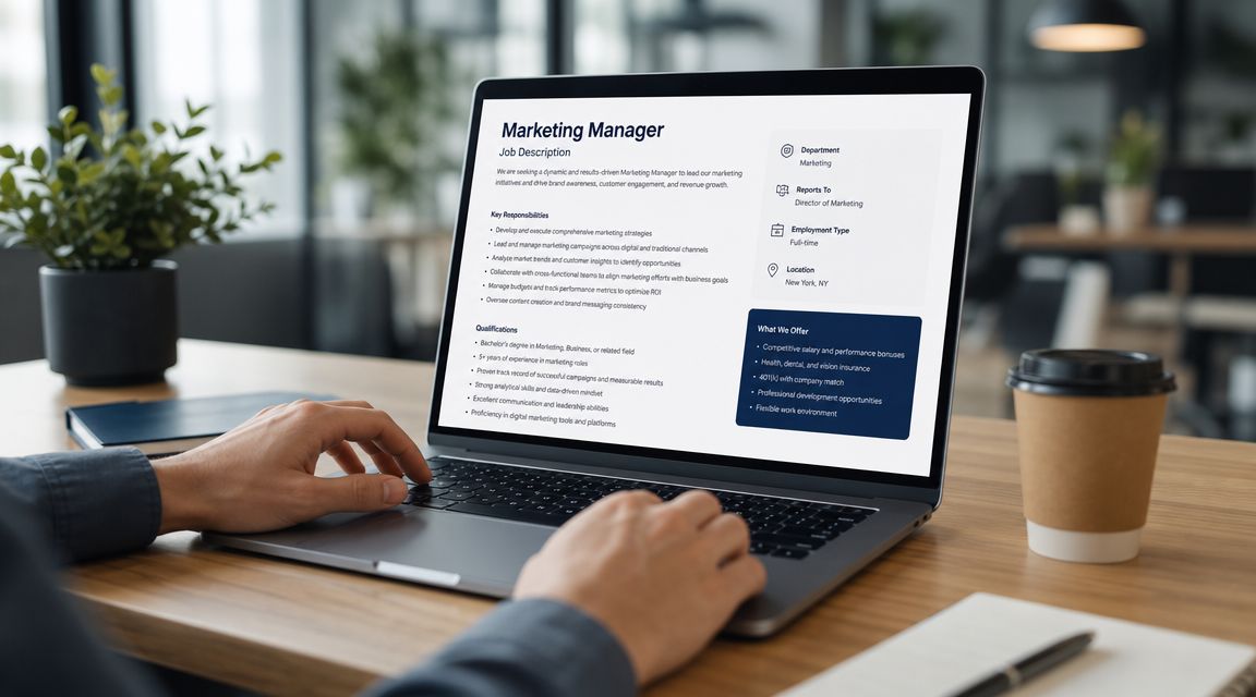 Una persona trabajando en una computadora portátil visualizando una oferta de empleo para un puesto de gerente de marketing.