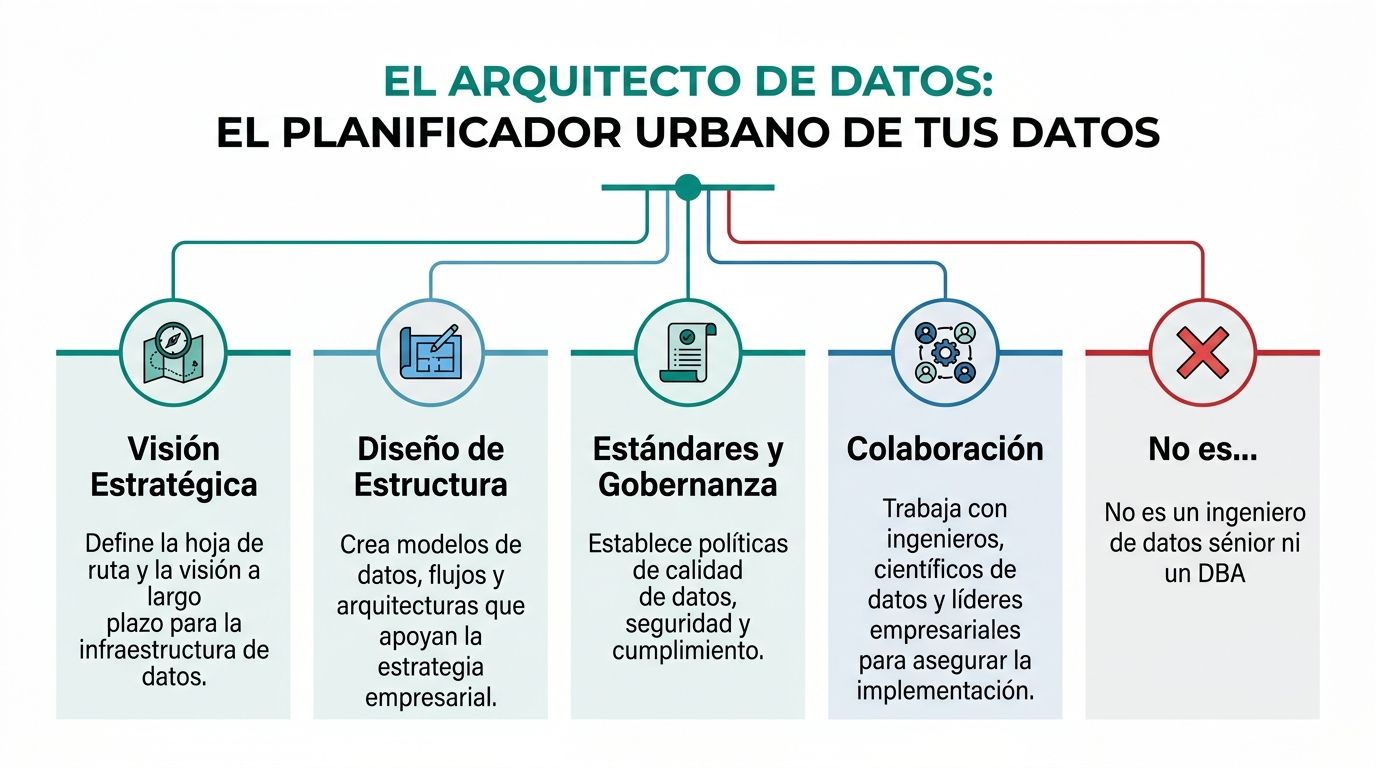 Infografía sobre las funciones principales y responsabilidades de un arquitecto de datos en una organización empresarial.