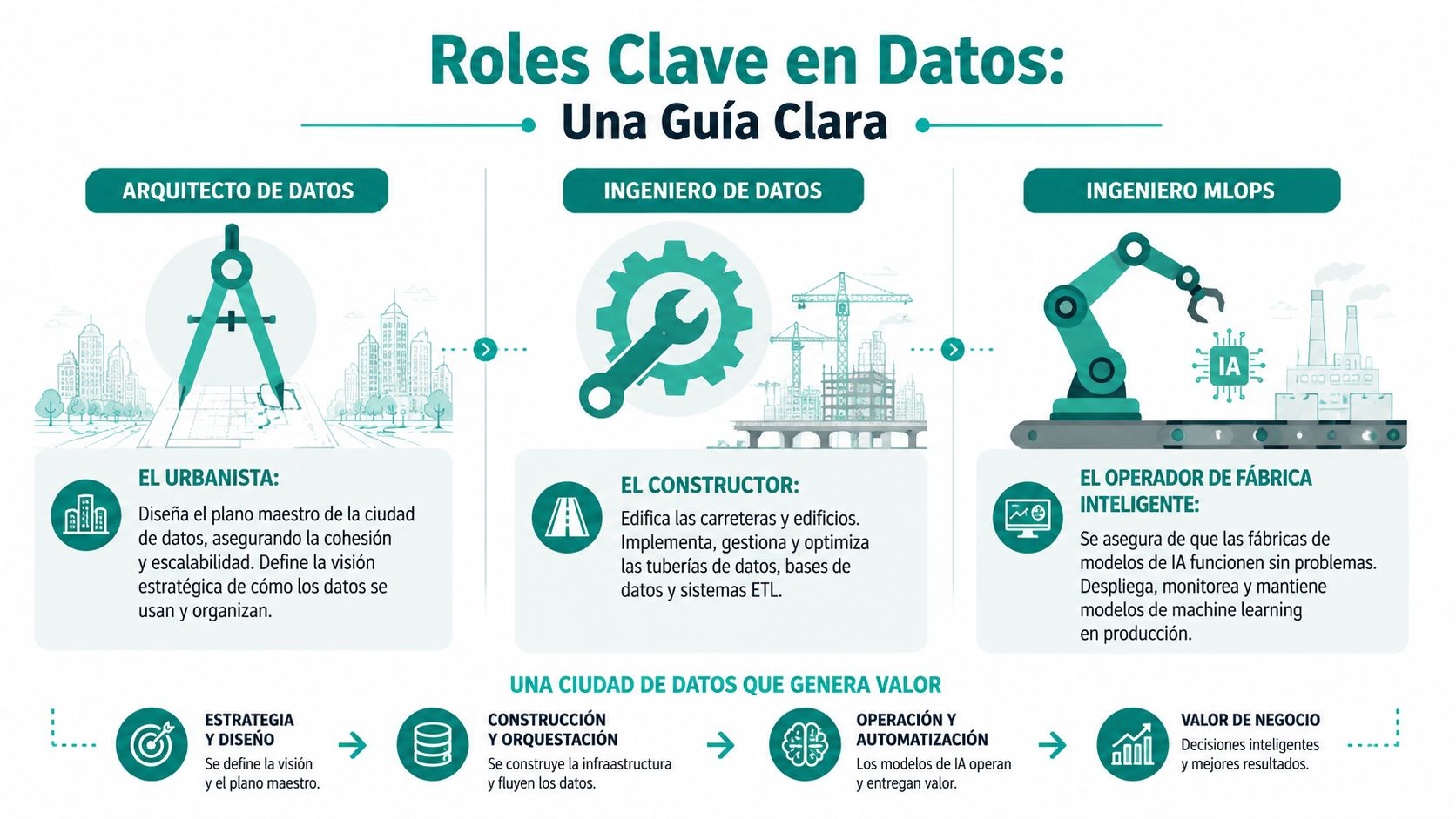 Infografía sobre los roles clave en el mundo de los datos: arquitecto, ingeniero de datos y MLOps.