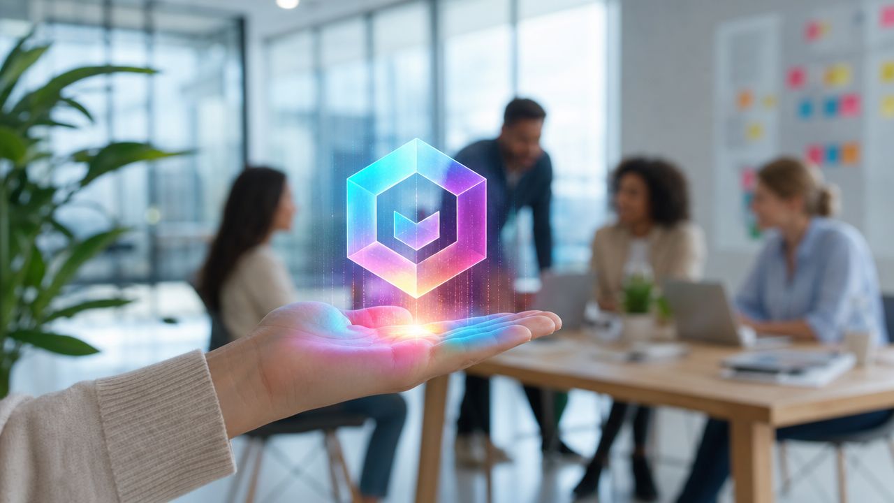 Una mano extendida sosteniendo un holograma digital de un cubo brillante en una oficina con equipo profesional.