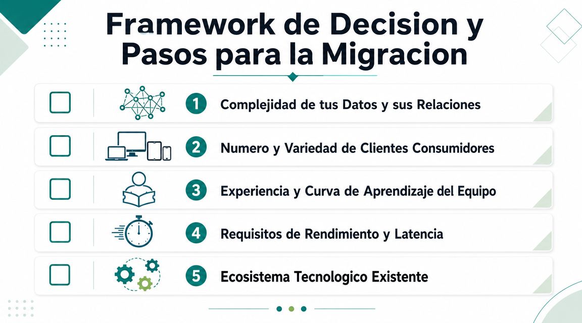 Infografía sobre el marco de decisiones y los pasos necesarios para realizar una migración tecnológica eficiente.