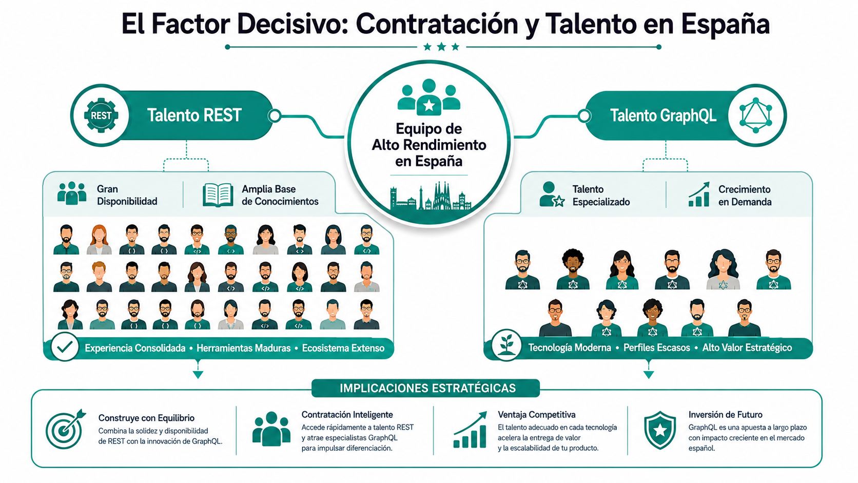 Infografía comparativa sobre la contratación de talento experto en tecnologías REST y GraphQL dentro de España.