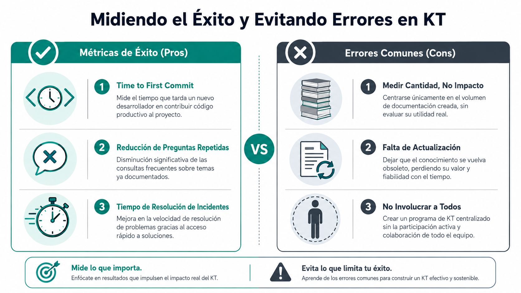 Infografía sobre métricas de éxito y errores comunes en procesos de transferencia de conocimiento organizacional (KT).