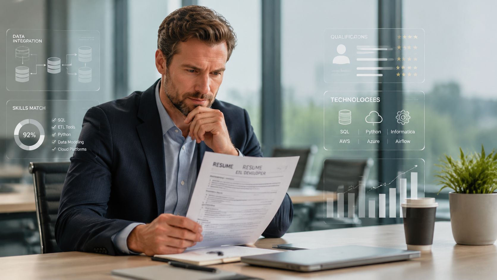 Un reclutador profesional analiza un currículum de desarrollador ETL con datos digitales superpuestos en su oficina moderna.