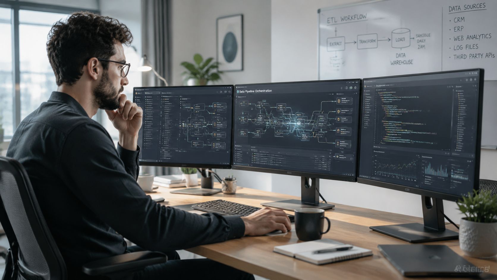 Desarrollador de ETL trabajando en múltiples monitores con diagramas de flujo de datos en su escritorio.