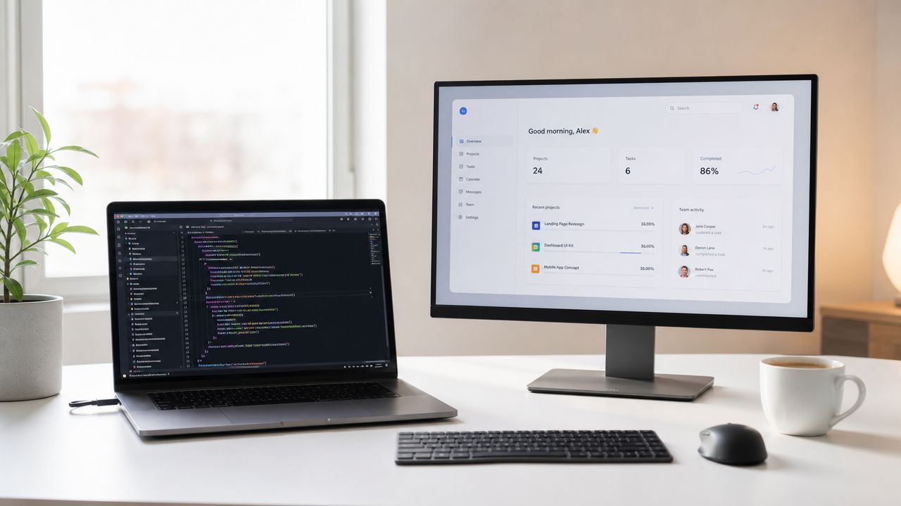 Un espacio de trabajo moderno con una computadora portátil, un monitor grande, café y una planta decorativa.