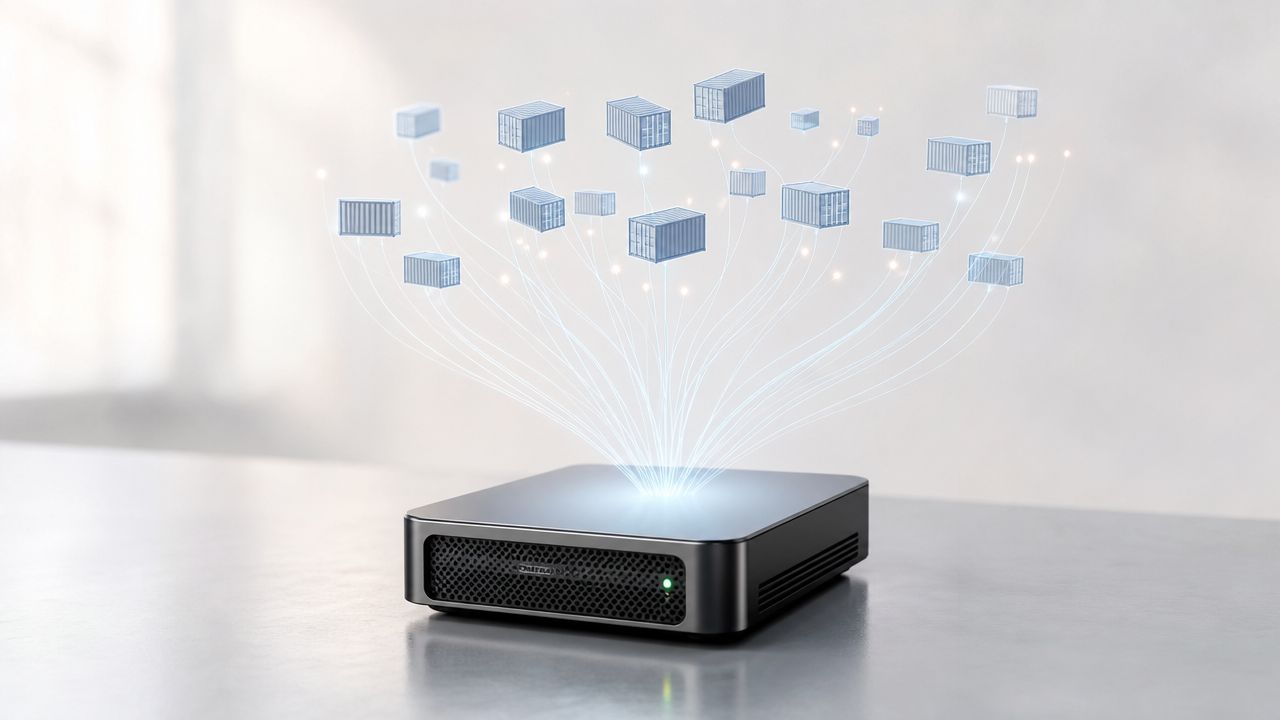 Un pequeño servidor de computadora emitiendo una proyección holográfica de contenedores de software interconectados sobre una mesa.