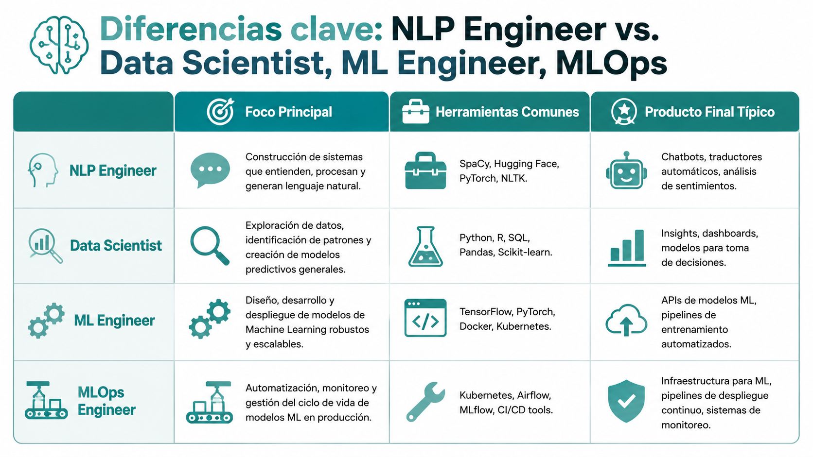 Tabla comparativa de roles profesionales en inteligencia artificial: NLP Engineer, Data Scientist, ML Engineer y MLOps Engineer.