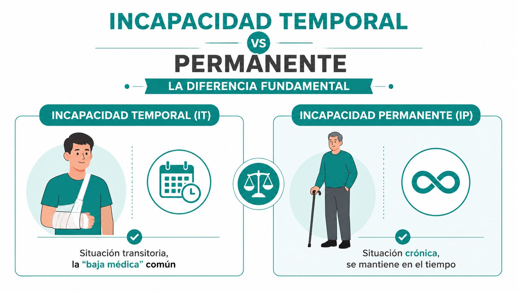 Infografía comparativa entre la incapacidad laboral temporal y la incapacidad permanente para explicar sus diferencias fundamentales.