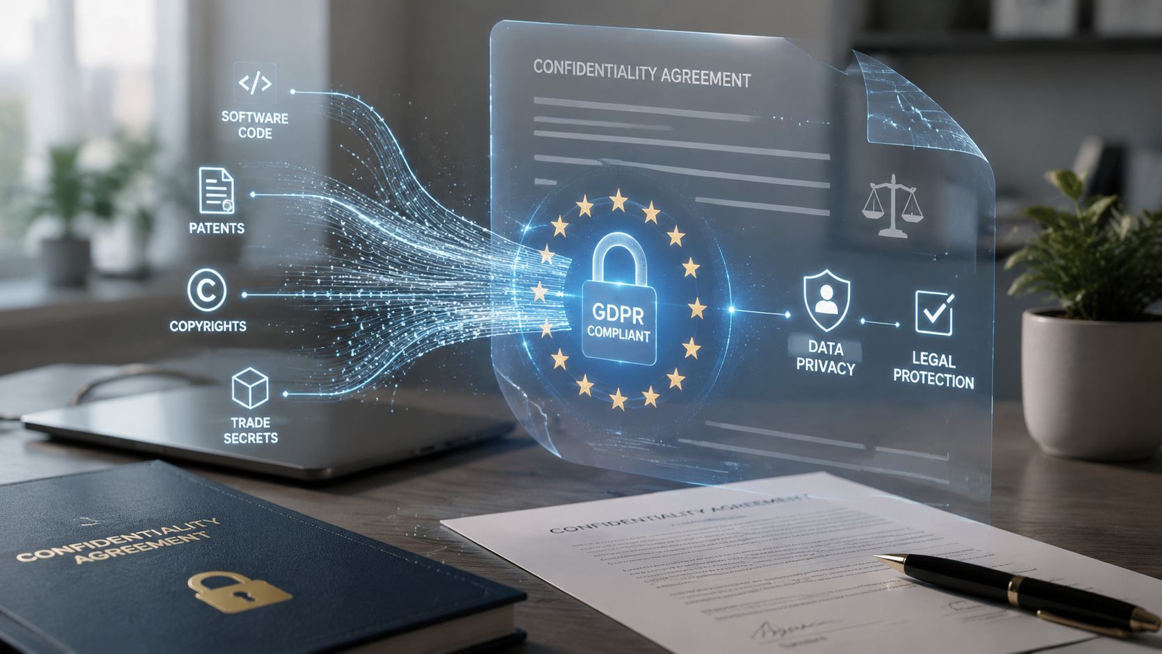 Representación digital de un contrato de confidencialidad y cumplimiento con el RGPD sobre una mesa de oficina.