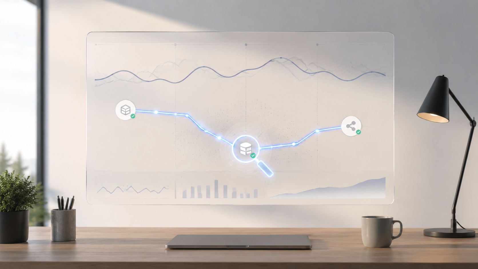 Una pantalla de cristal futurista mostrando un diagrama de flujo de datos técnicos sobre un escritorio moderno.