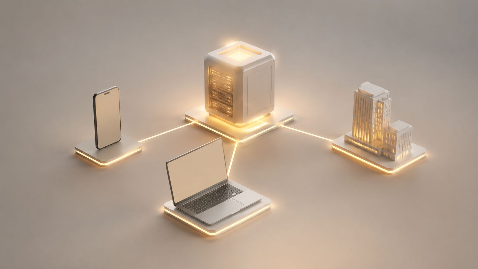 Representación tridimensional de una red informática que conecta un teléfono, un portátil, un servidor y edificios corporativos.