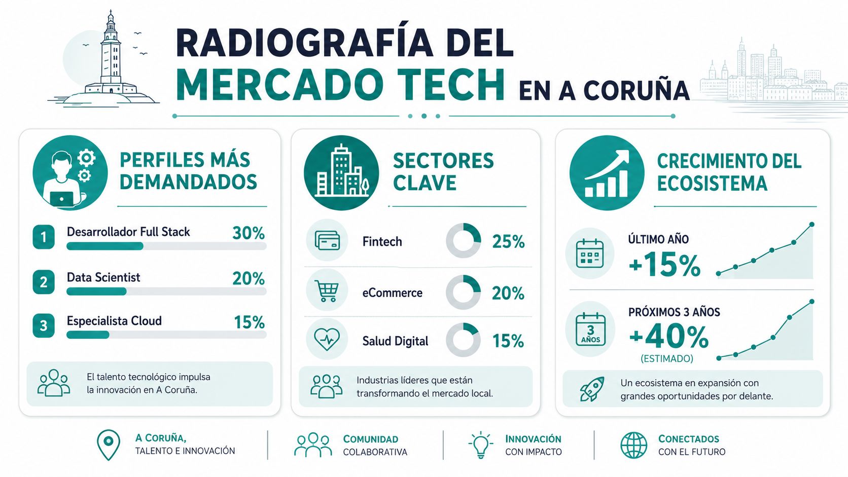 Infografía sobre el mercado tecnológico en A Coruña destacando empleos demandados, sectores clave y crecimiento del ecosistema.