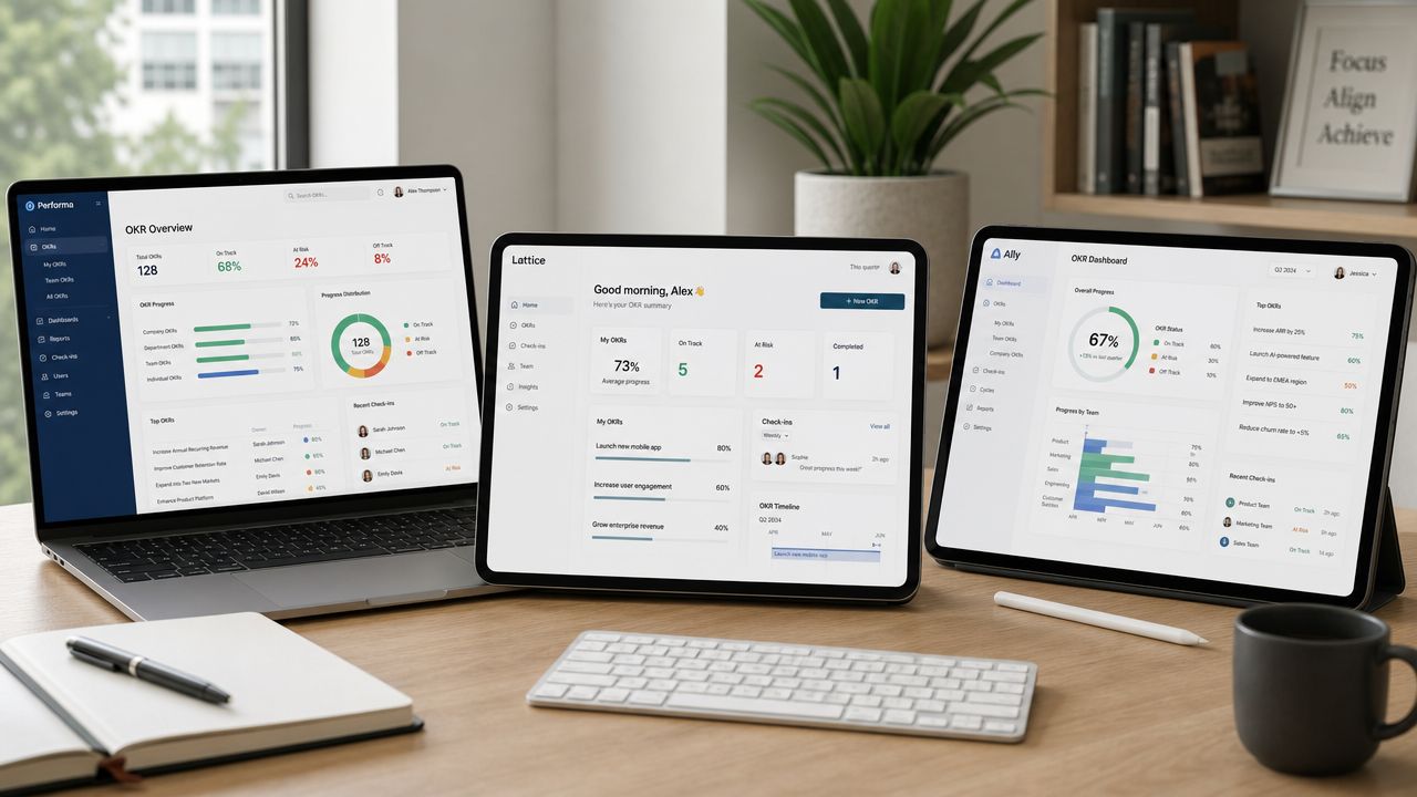 Escritorio con laptop, tablet y iPad mostrando tableros de gestión de objetivos OKR para empresas.
