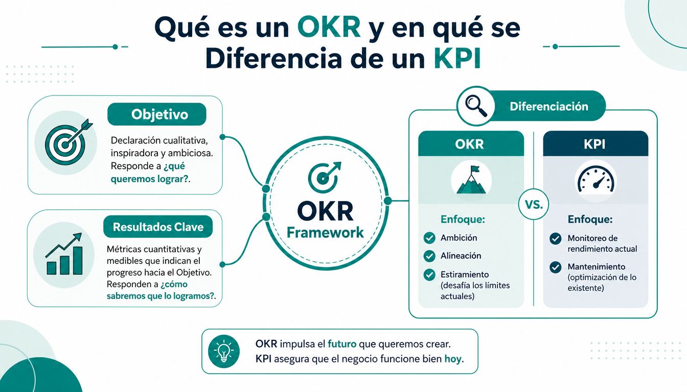 Infografía explicando qué es el marco de trabajo OKR y cómo se diferencia de un KPI.