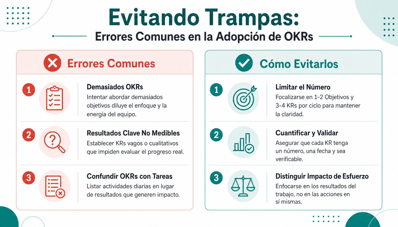 Infografía sobre errores comunes al adoptar OKRs y estrategias prácticas para evitarlos eficazmente en equipos.