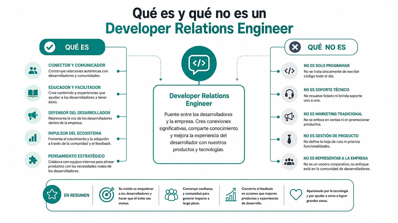 Infografía que explica qué es y qué no es un Developer Relations Engineer en el ecosistema tecnológico.