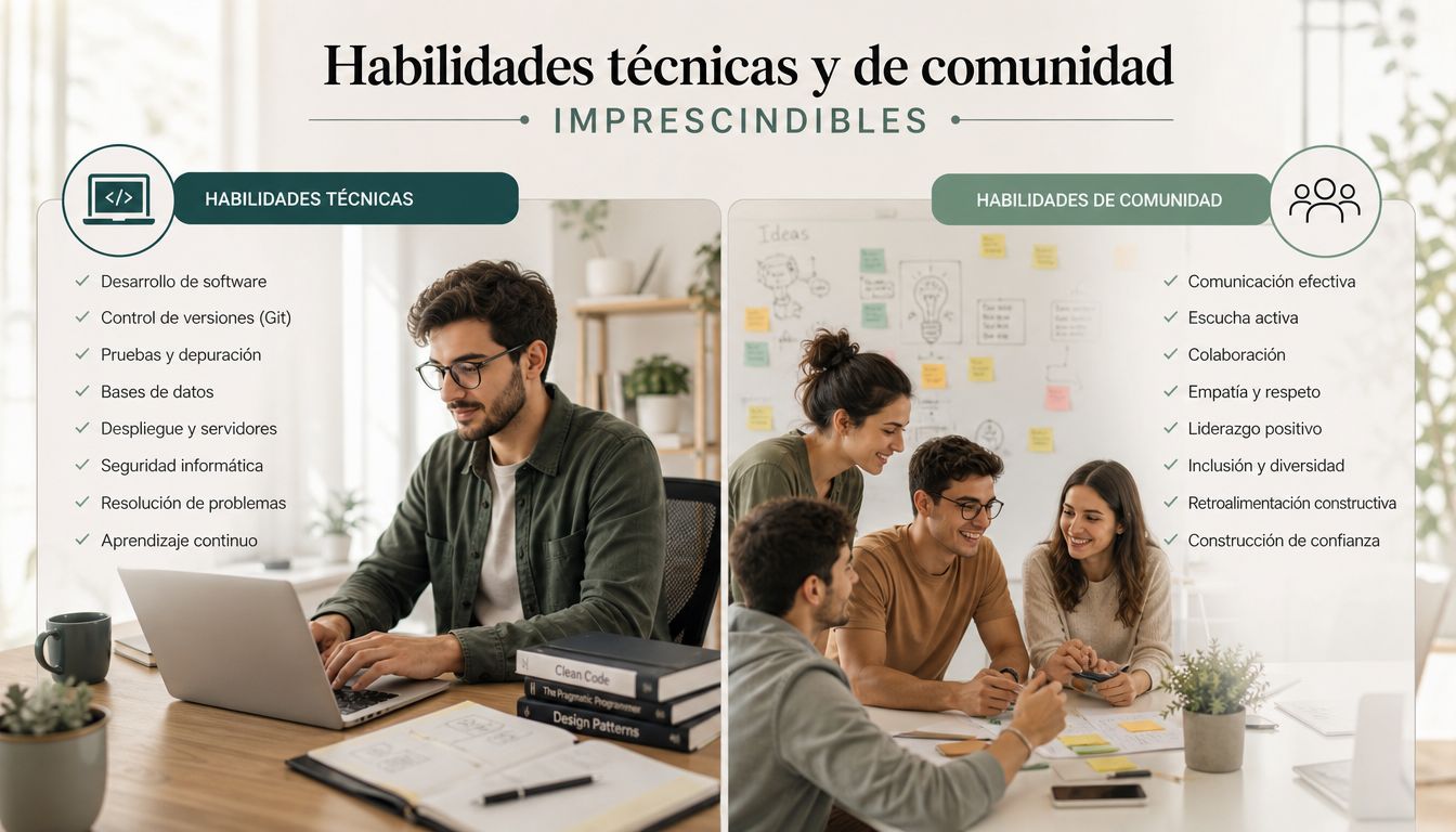 Una infografía mostrando las habilidades técnicas y de comunidad imprescindibles para ingenieros y desarrolladores de software profesionales.