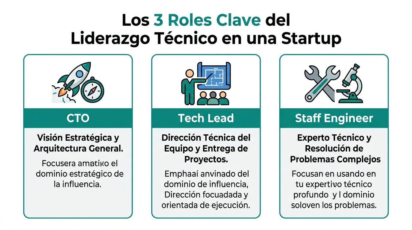 Infografía sobre los tres roles clave del liderazgo técnico en una startup: CTO, Tech Lead y Staff Engineer.
