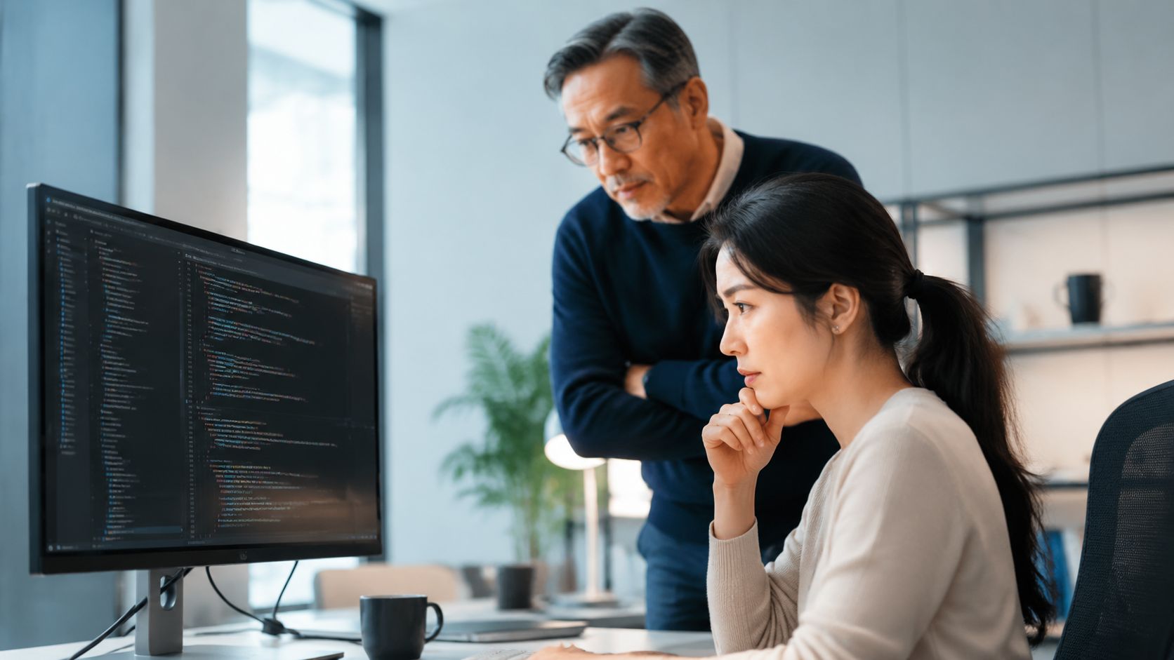 Una joven programadora y un mentor revisando código en un ordenador en una oficina moderna.