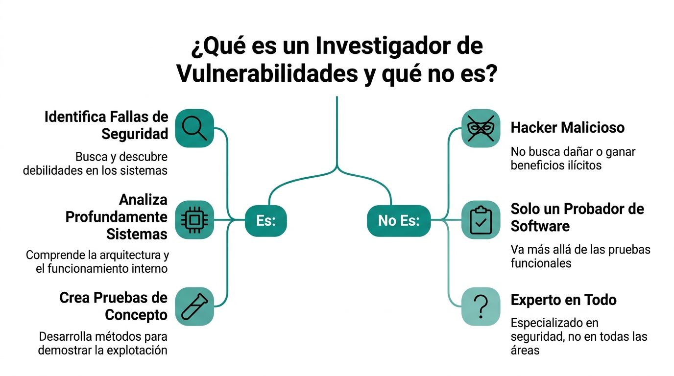Infografía que explica qué es y qué no es un investigador de vulnerabilidades en ciberseguridad.