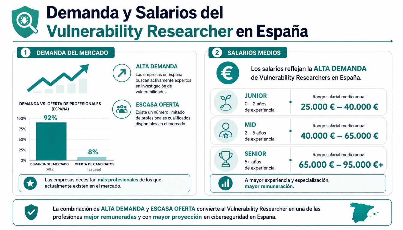 Infografía sobre la alta demanda y los salarios de los investigadores de vulnerabilidades en España.