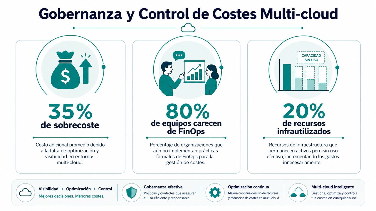 Infografía sobre gobernanza y control de costes en entornos multi-cloud destacando ineficiencias, falta de FinOps y optimización.