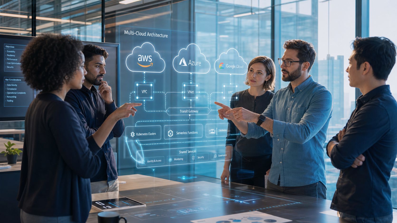 Un equipo de profesionales diversos colaborando alrededor de una pantalla holográfica con arquitectura multi-nube en una oficina.