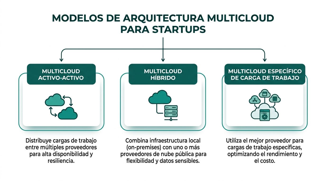 Diagrama que describe tres modelos de arquitectura multicloud para startups: activo-activo, híbrido y específico de carga de trabajo.
