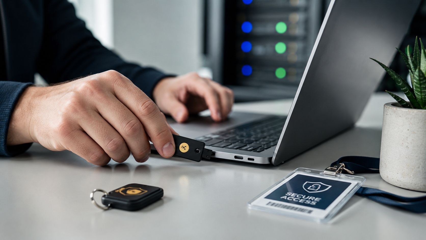 Una persona conecta una llave de seguridad USB en una computadora portátil para procesos de acceso seguro.