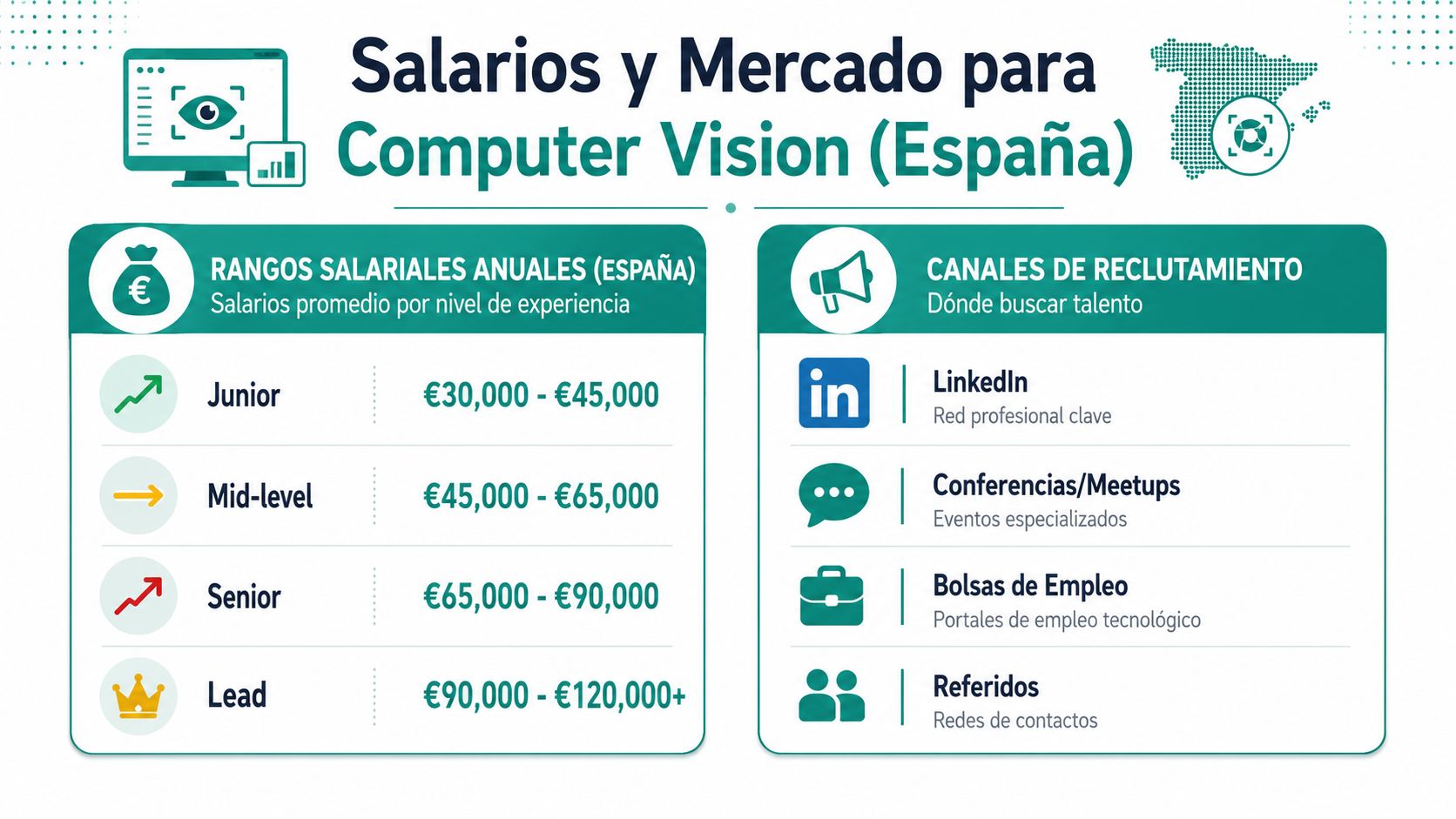 Infografía sobre salarios y canales de reclutamiento para expertos en visión artificial en el mercado español.