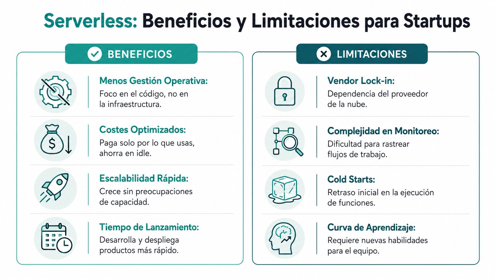 Infografía sobre beneficios y limitaciones de la arquitectura serverless para el desarrollo de startups tecnológicas.
