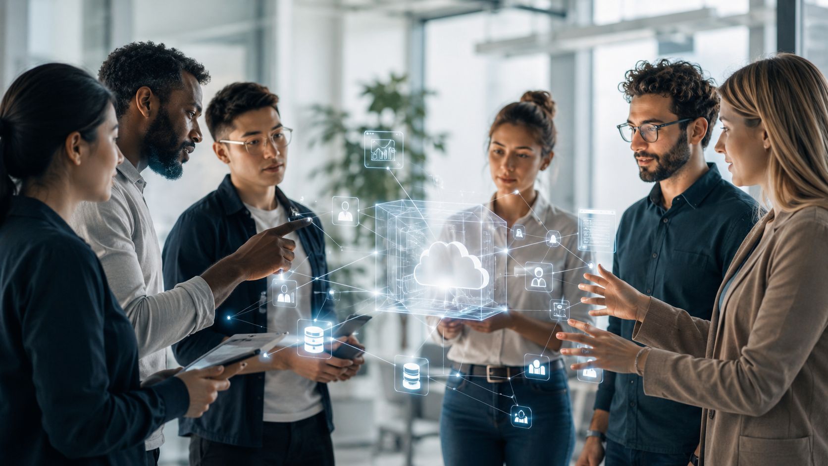 Un grupo diverso de profesionales de tecnología colaborando con una interfaz holográfica de computación en la nube.