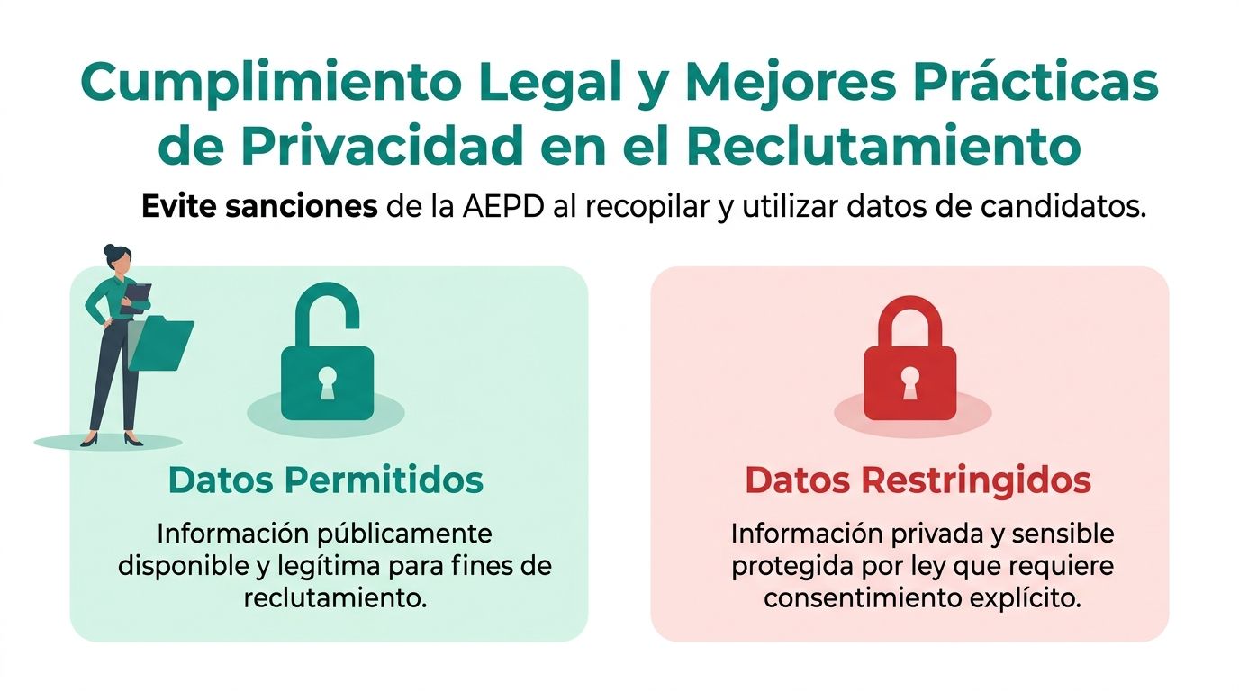 Infografía sobre cumplimiento legal y mejores prácticas de privacidad al recopilar datos de candidatos en procesos de reclutamiento.