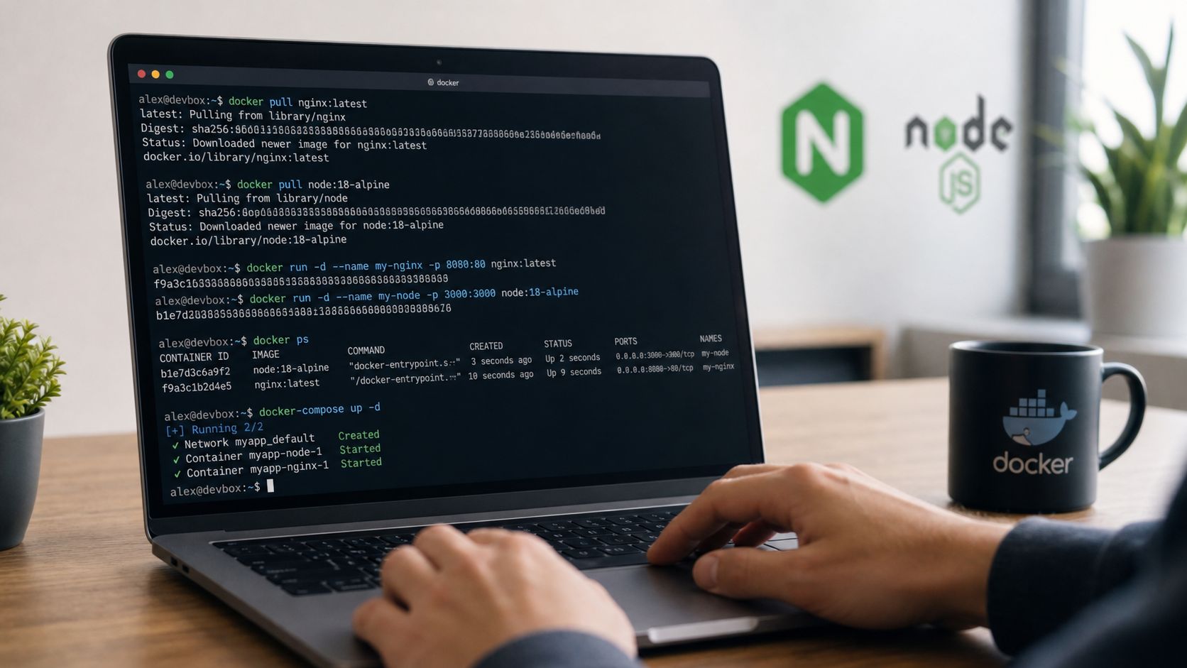 Una persona programando en una computadora portátil usando comandos de Docker en una terminal de línea