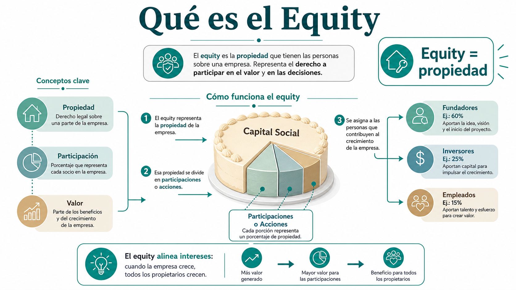 Infografía explicativa detallada sobre qué es el equity, su funcionamiento y cómo se distribuye la propiedad empresarial.