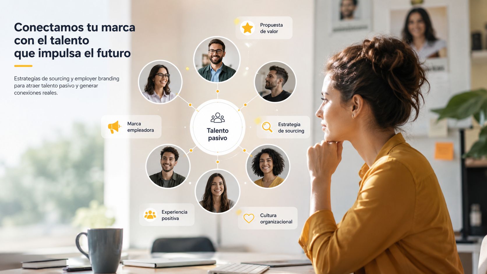 Mujer profesional observando una infografía sobre estrategias de reclutamiento y gestión de talento pasivo en oficina.