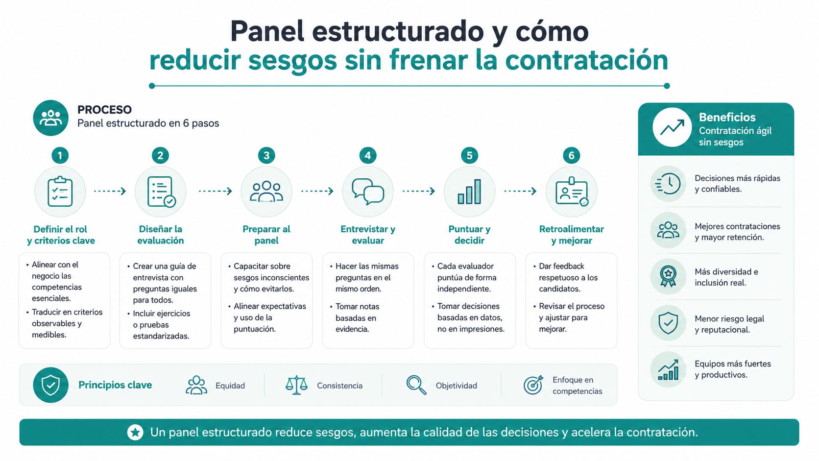 Infografía sobre el proceso de panel estructurado para reducir sesgos en la selección de personal.